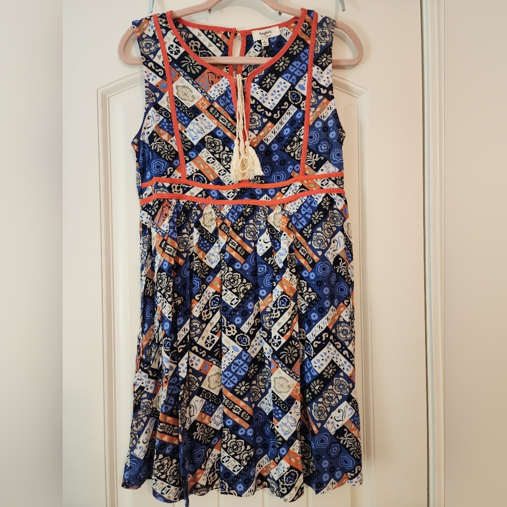 Hayden NWT Geometric Patterned Blue and Orange Swing Dress Sz Small Tassel Tie